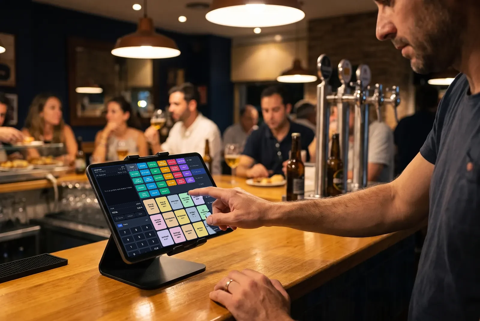 Un camarero marca una consumición en el punto de venta del software, en la barra de un bar de tapas